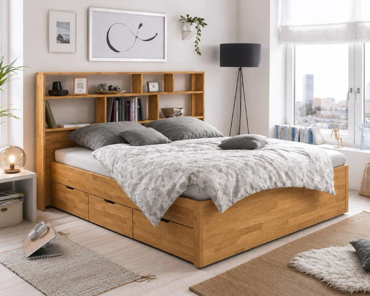 Cama de madera maciza de roble con cabecero con estanterías integradas y cajones de almacenaje | roublestore.com
