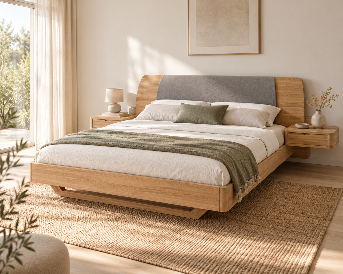 Cama de madera maciza de roble Alina con cabecero tapizado y mesitas flotantes en un dormitorio luminoso