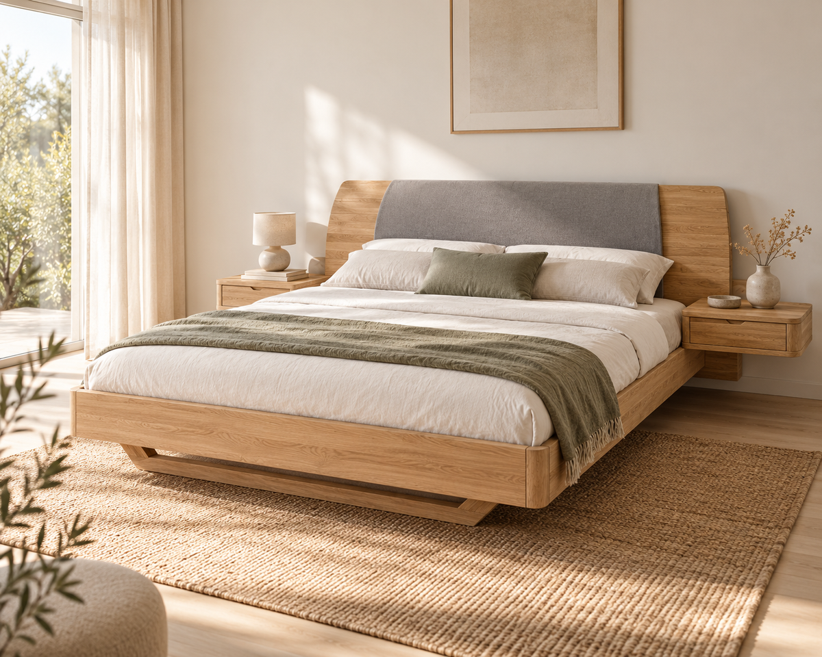 Cama de madera maciza de roble Alina con cabecero tapizado y mesitas flotantes en un dormitorio luminoso