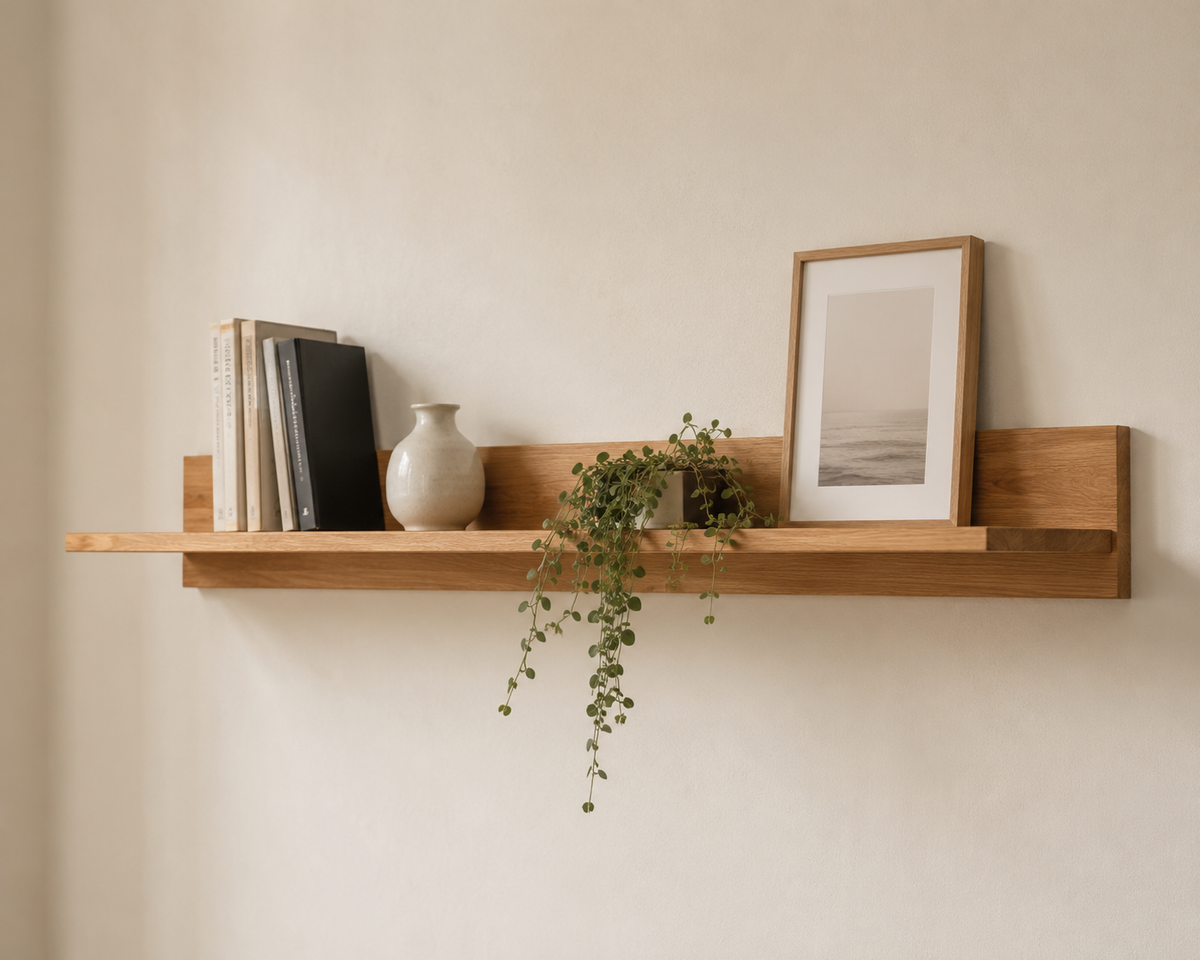 Estante de pared Moritz de roble macizo de 150 cm anclado a una pared clara, con libros y objetos decorativos