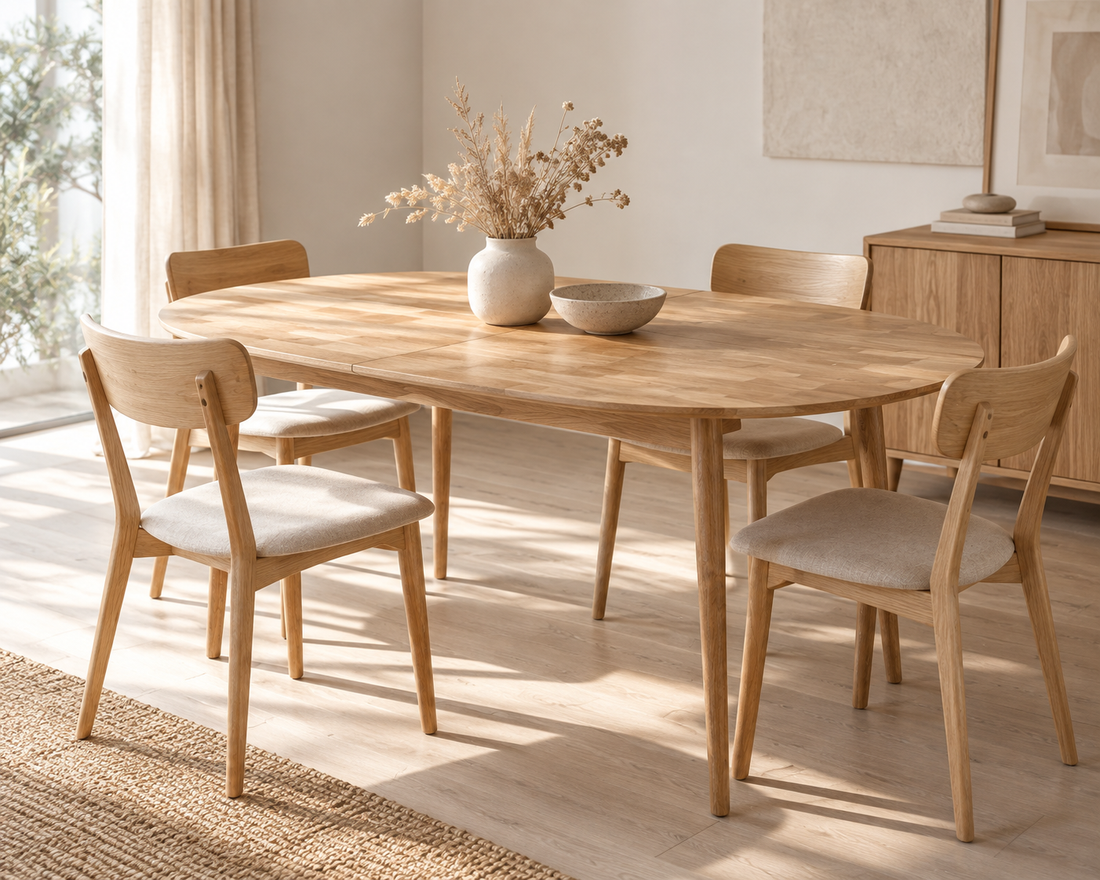 Mesa de comedor ovalada y extensible Escandi 2 de roble macizo con canto redondeado, en un comedor luminoso