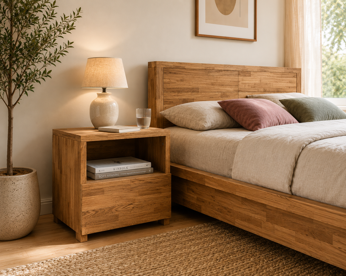 Mesita de noche de roble macizo con cajón junto a una cama de madera