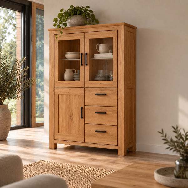Muebles de salón Aden en madera maciza de roble natural. Diseño rústico, cálido y atemporal para crear un hogar con carácter. 