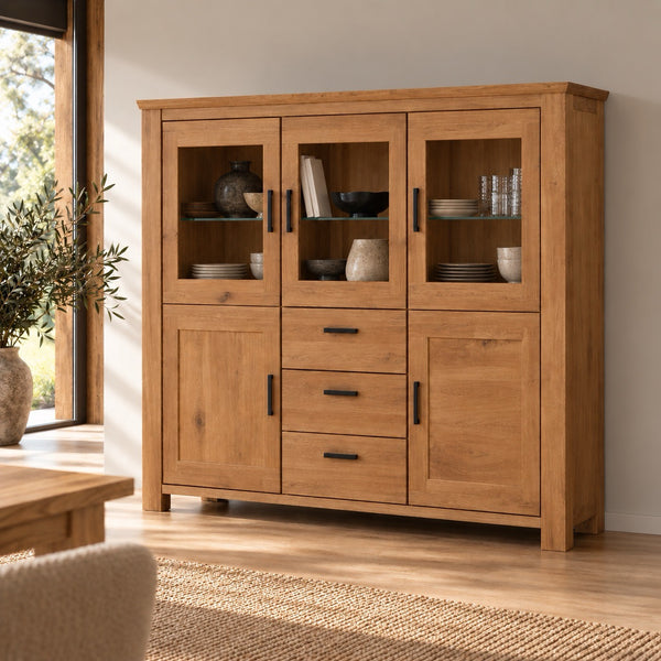Muebles de salón Aden en madera maciza de roble natural. Diseño rústico, cálido y atemporal para crear un hogar con carácter. 