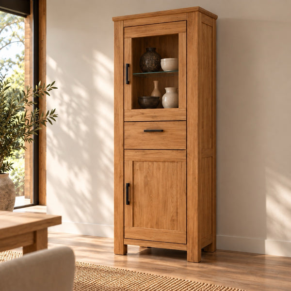 Muebles de salón Aden en madera maciza de roble natural. Diseño rústico, cálido y atemporal para crear un hogar con carácter.