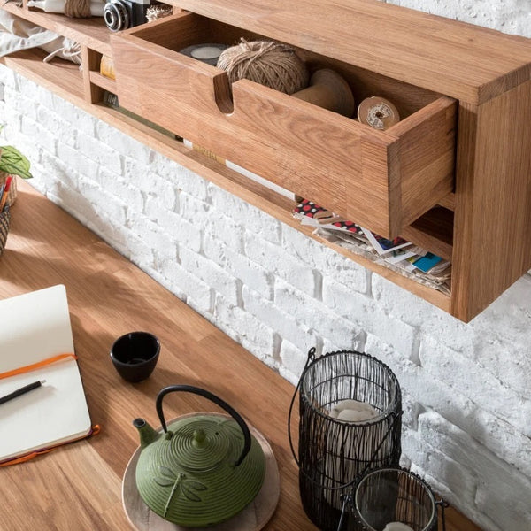 Mesa escritorio de madera maciza de roble Einstein 2 con estanteria flotante | NordicStory