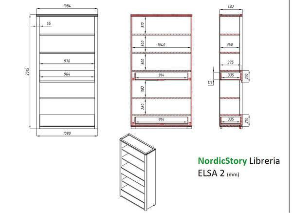 Libreria Estanteria de pared con 2 cajones de madera maciza de roble Elsa 2 | NordicStory