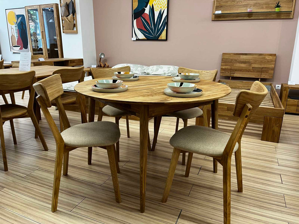 Mesa de comedor redonda y extensible de madera maciza de roble Escandi 5 | NordicStory