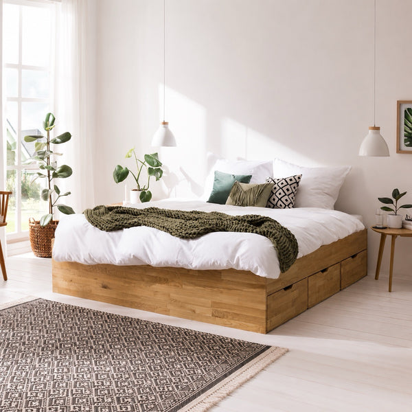 Cama con almacenaje de madera maciza de roble Sofia | NordicStory